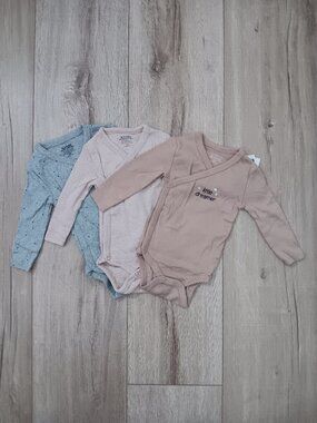 Kiabi Baby Bodysuits 3M Set 3 Pack Long Sleeve Cotton Kimono Wrap Side Snap Ones